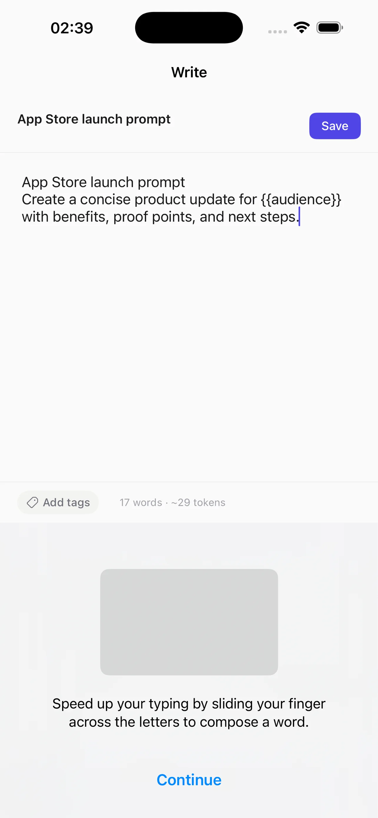 PromptStore writing view with a saved prompt and tags