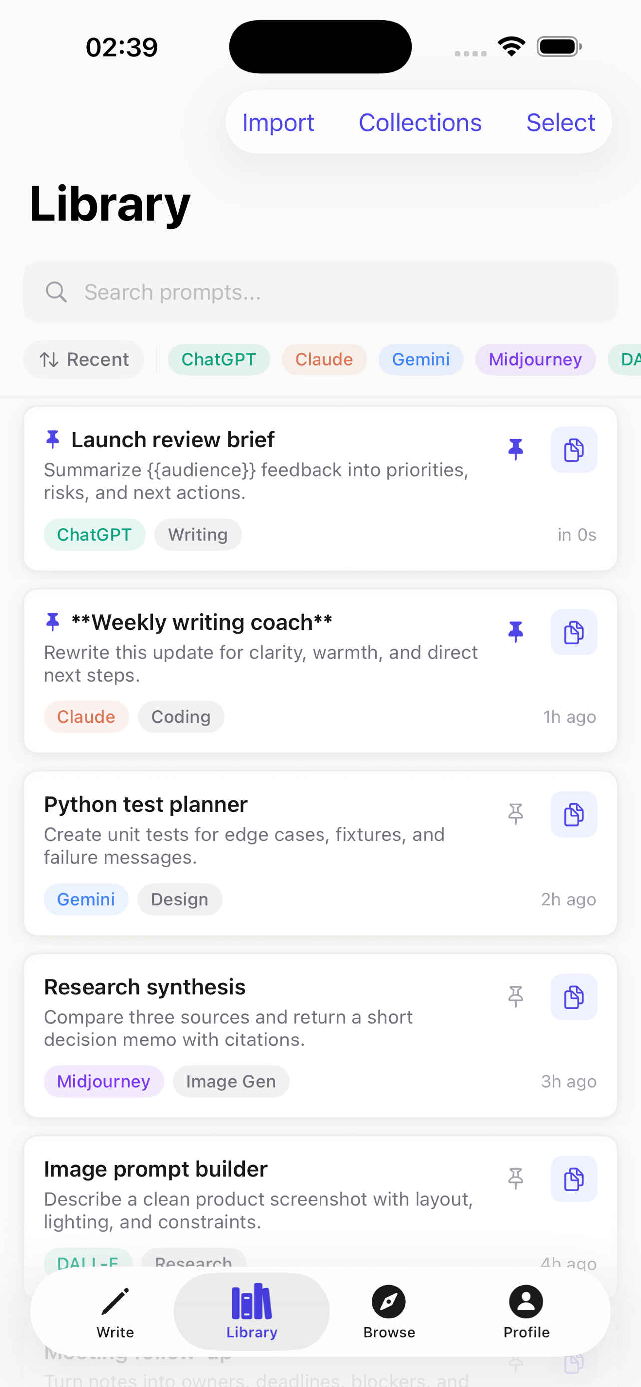 PromptStore library showing saved prompts organized by model and use case