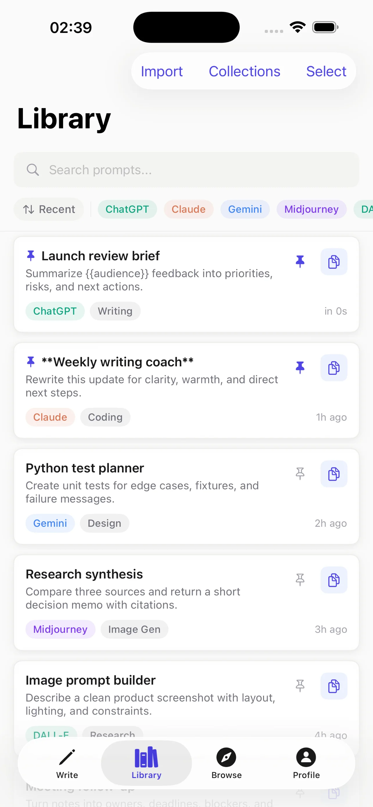 PromptStore library showing saved prompts and collections