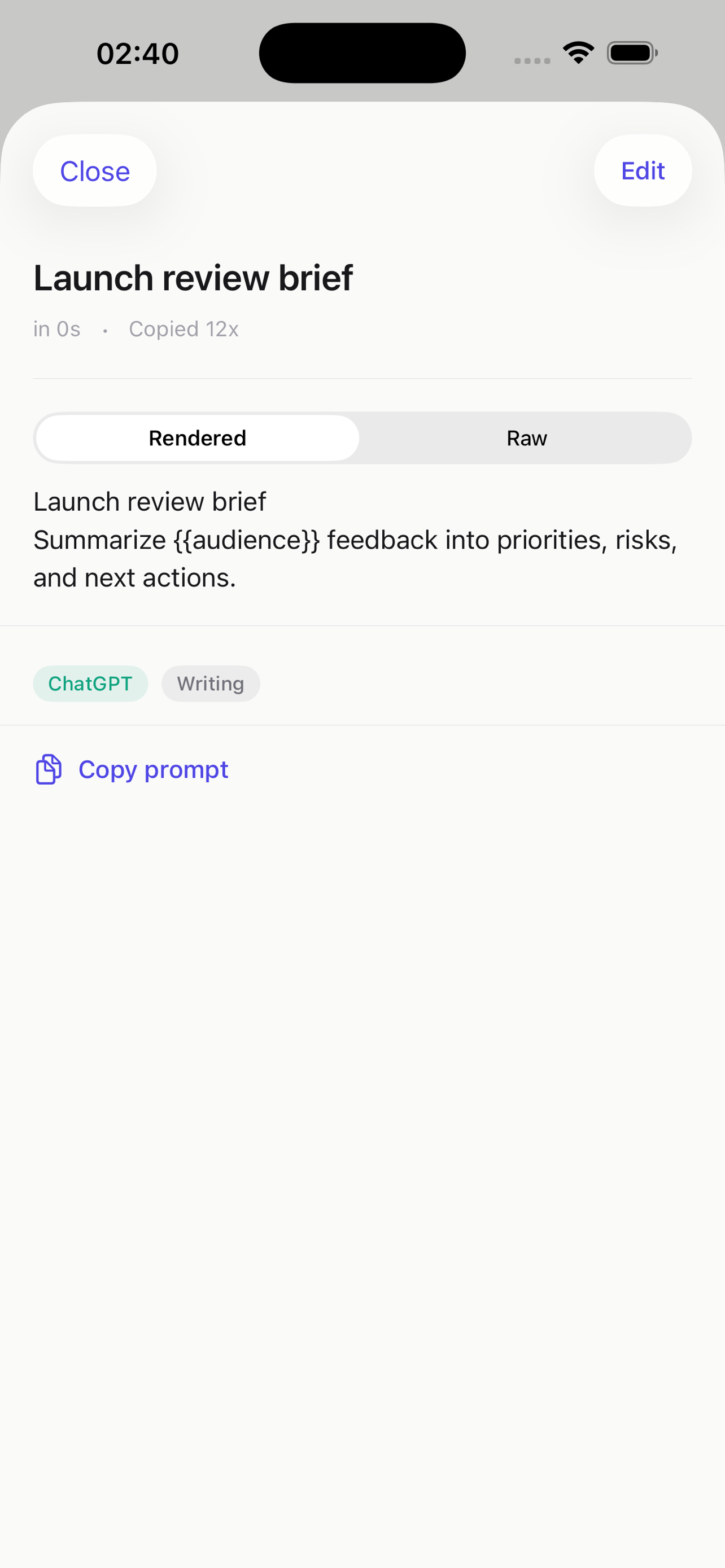 Prompt detail view with tags and metadata