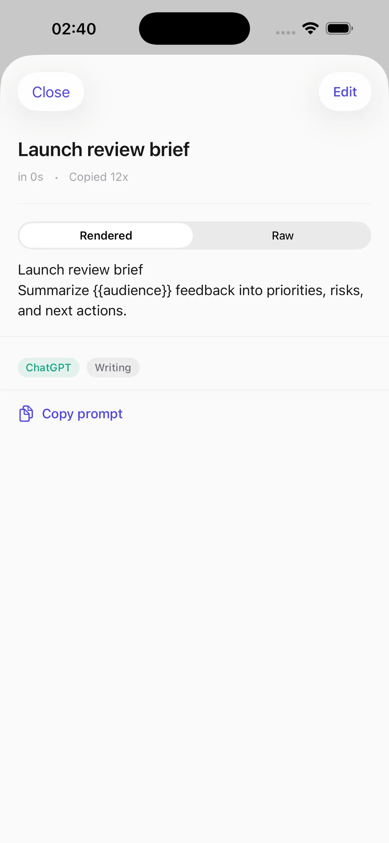 PromptStore prompt detail with copy action and metadata